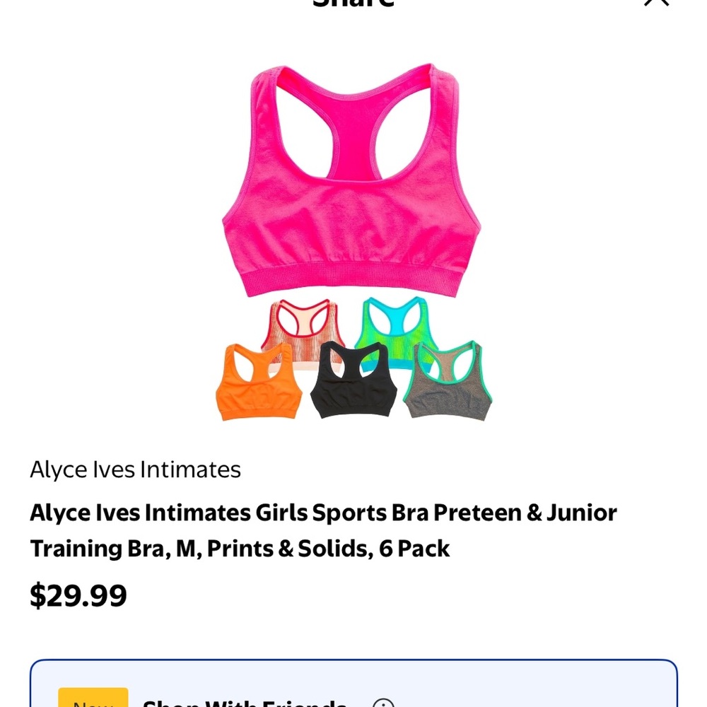 Girls Sports Bra 6-Pack - Pink, Orange, Black, Gray, Green